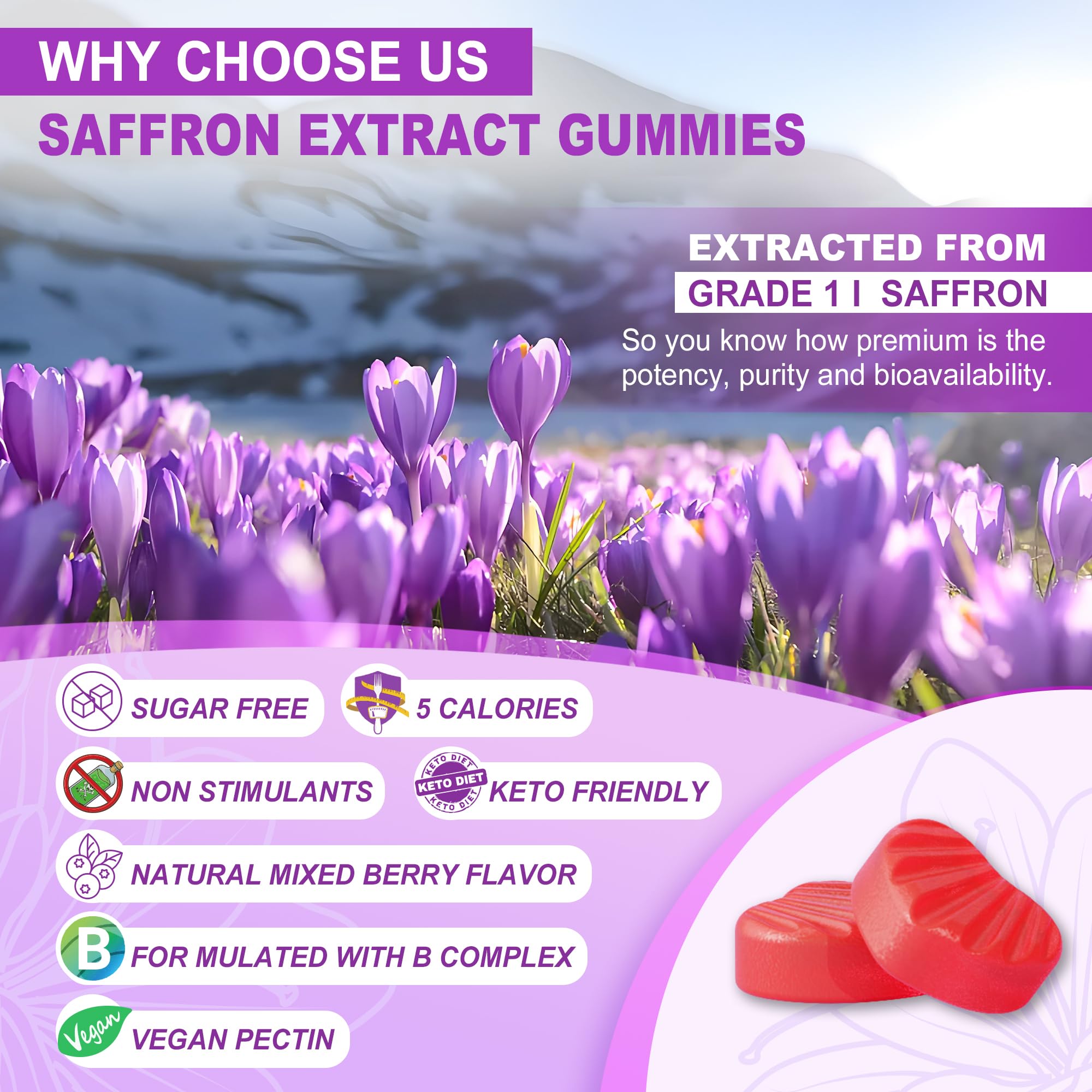 Clear ingredient panel shows saffron, magnesium, and vitamins