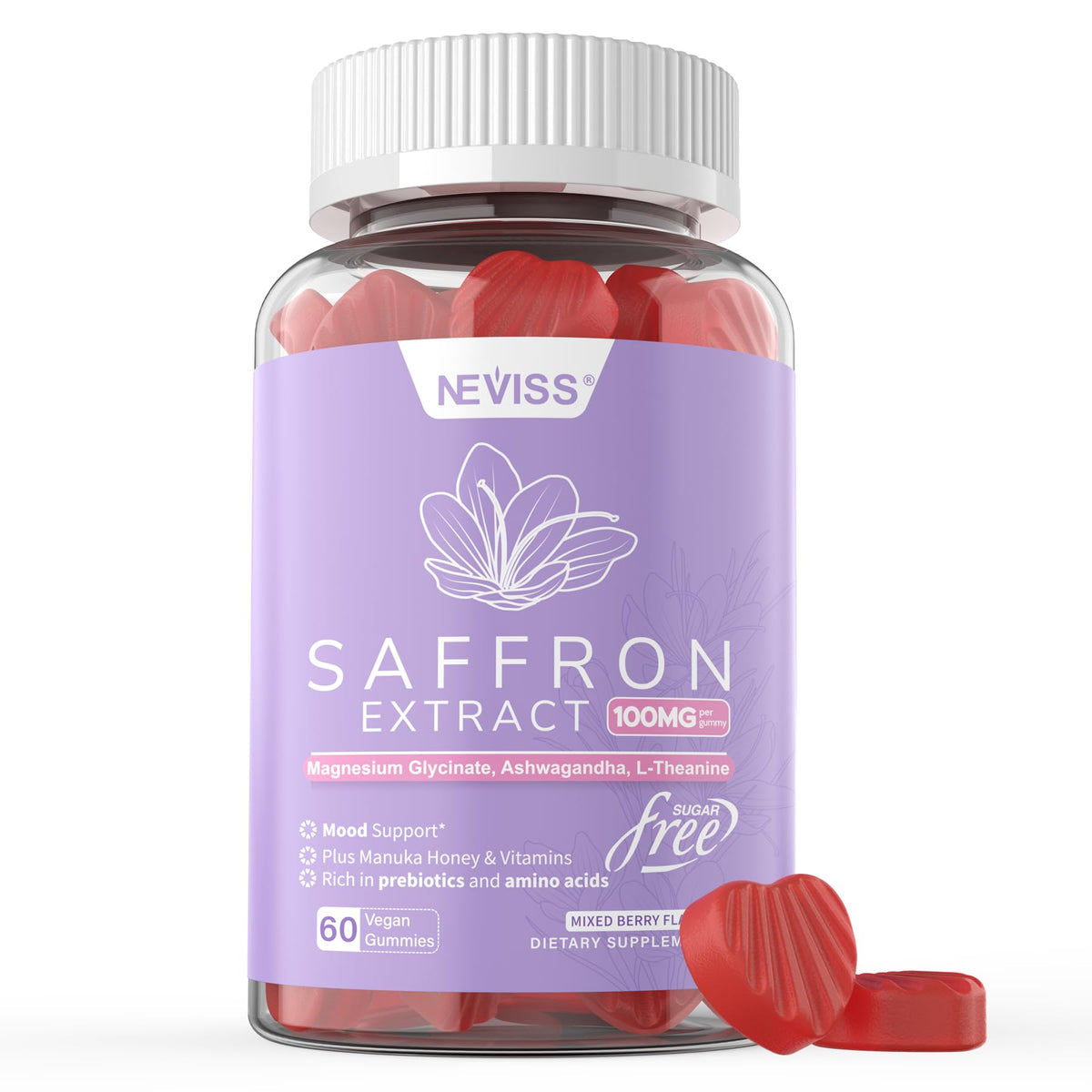 NEVISS saffron gummies in a jar highlight natural mood support