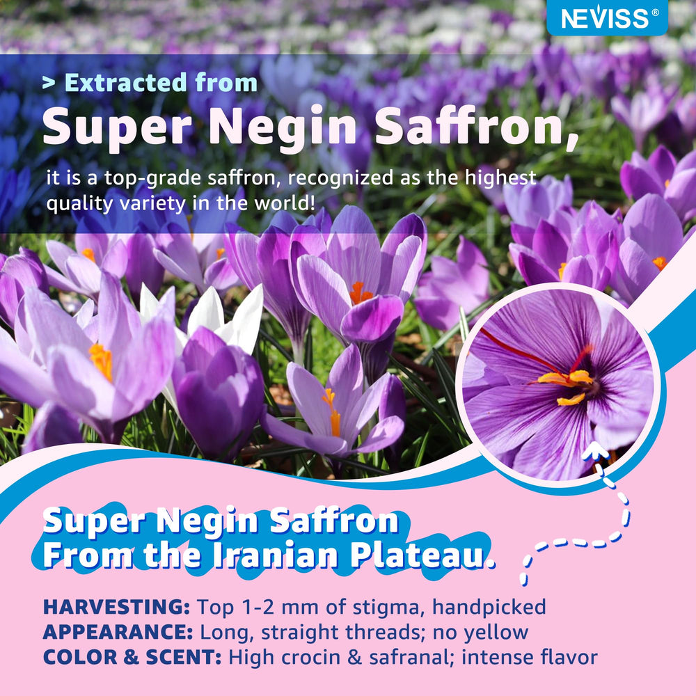 NEVISS saffron gummies kid-dosing illustration shows 4+ age suitability