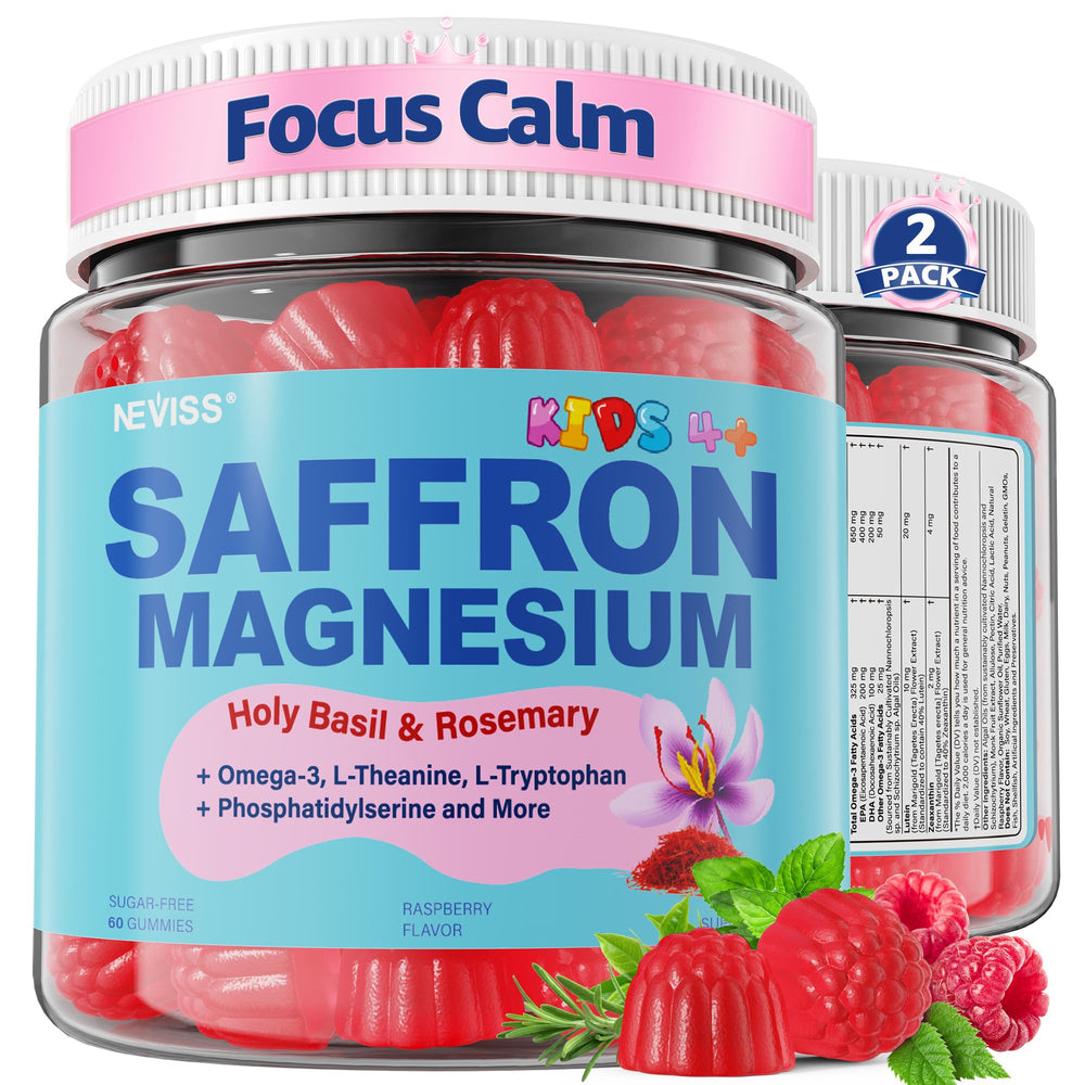 NEVISS saffron magnesium gummies bottle front for calm focus in kids.