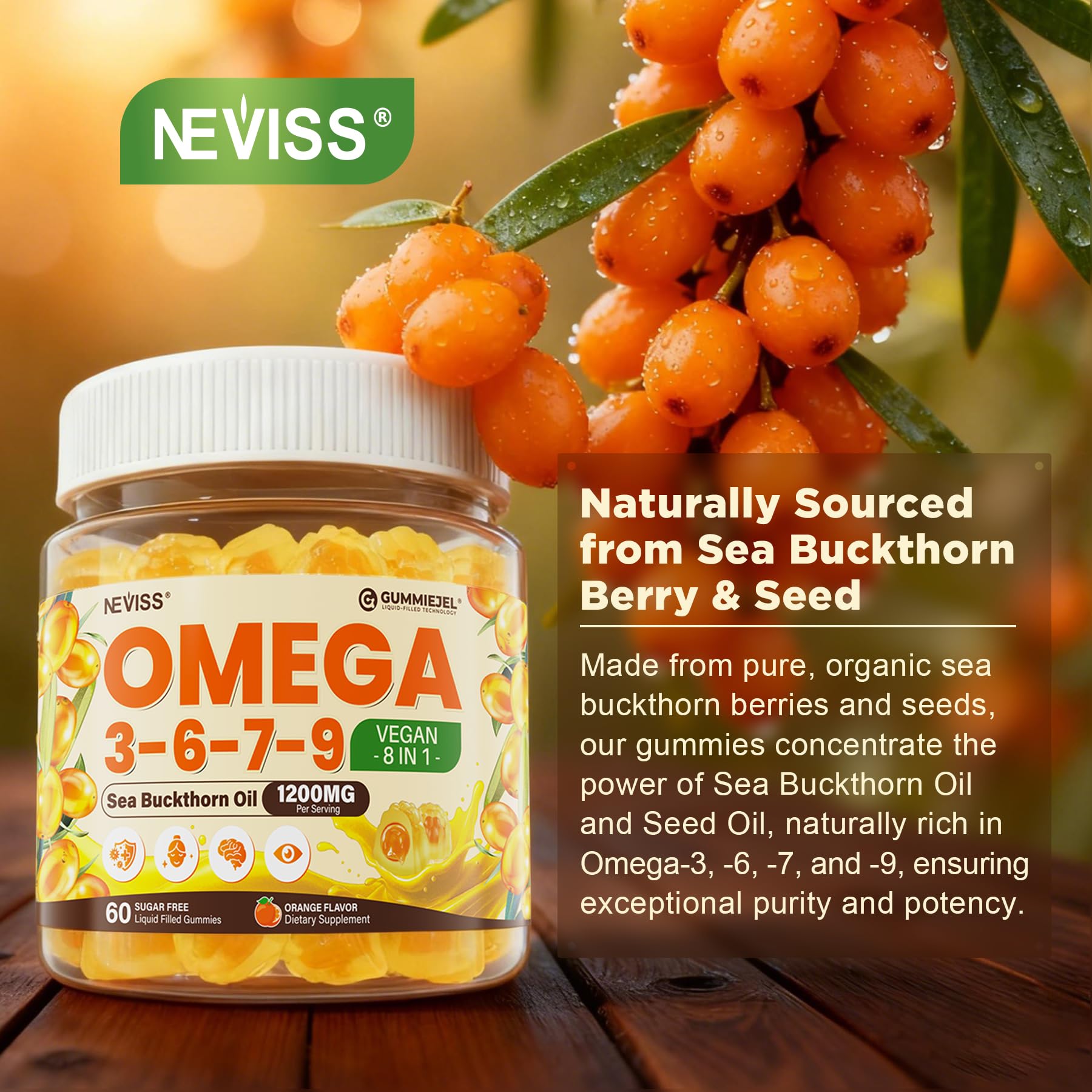 NEVISS Sea Buckthorn oil bottle foreground highlighting plant-based omega-7
