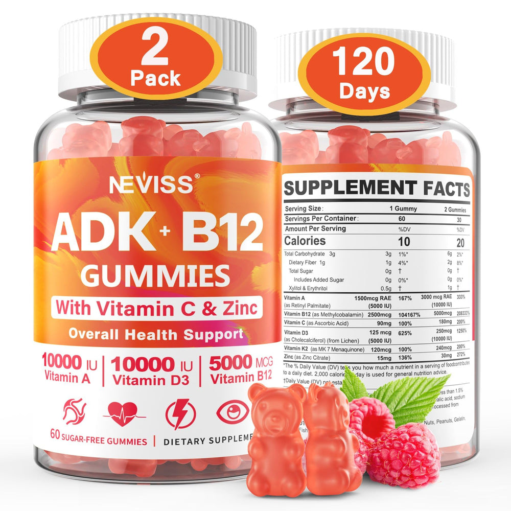 NEVISS vegan sugar-free ADK B12 gummies packaging for daily wellness