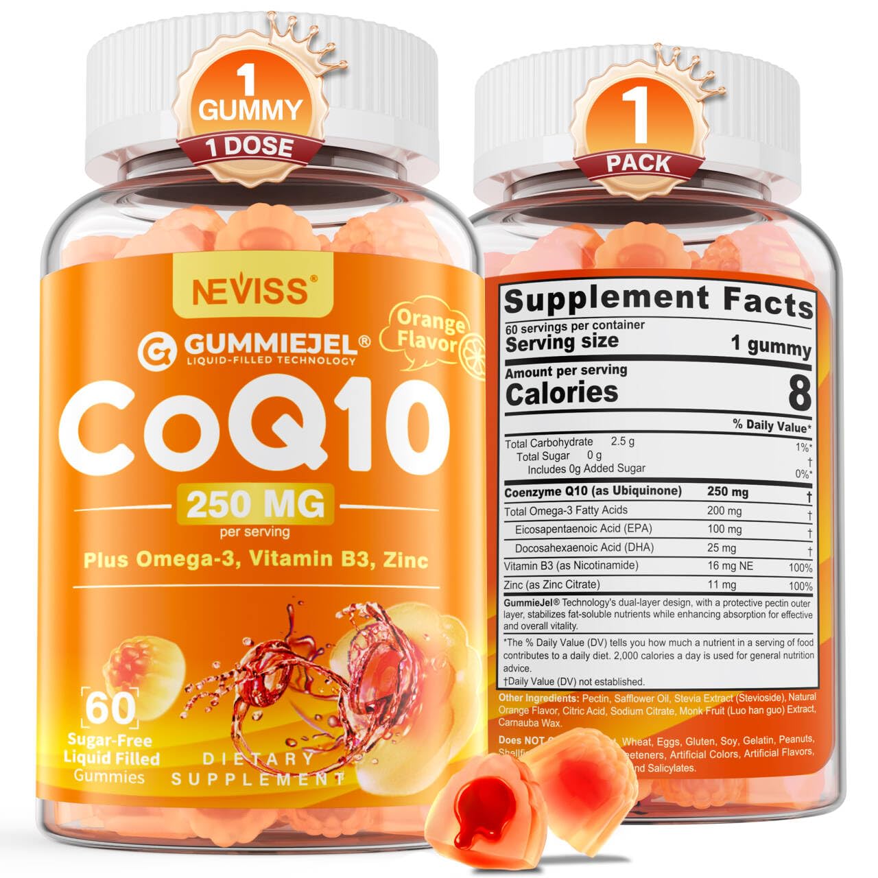 NEVISS sugar-free CoQ10 gummies with liquid center for enhanced absorption and taste
