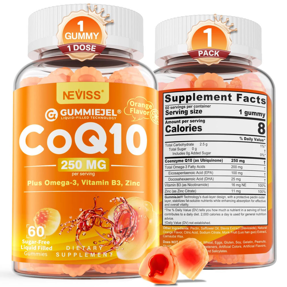 NEVISS sugar-free CoQ10 gummies with liquid center for enhanced absorption and taste