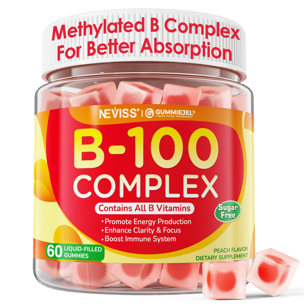 NEVISS Super Vitamin B Complex Gummies fruity flavor pour showing energy support
