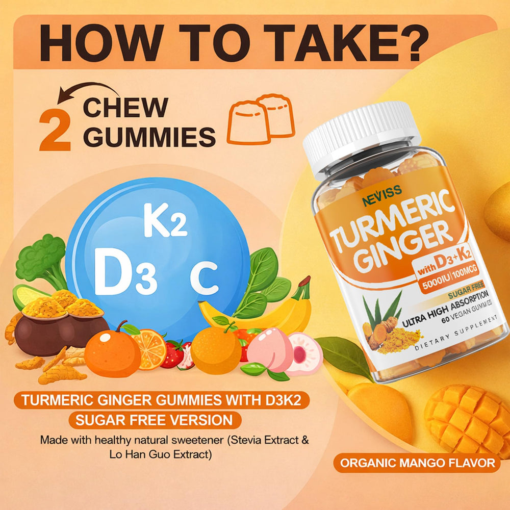 Neviss Turmeric Ginger Gummies close-up highlighting digestion support