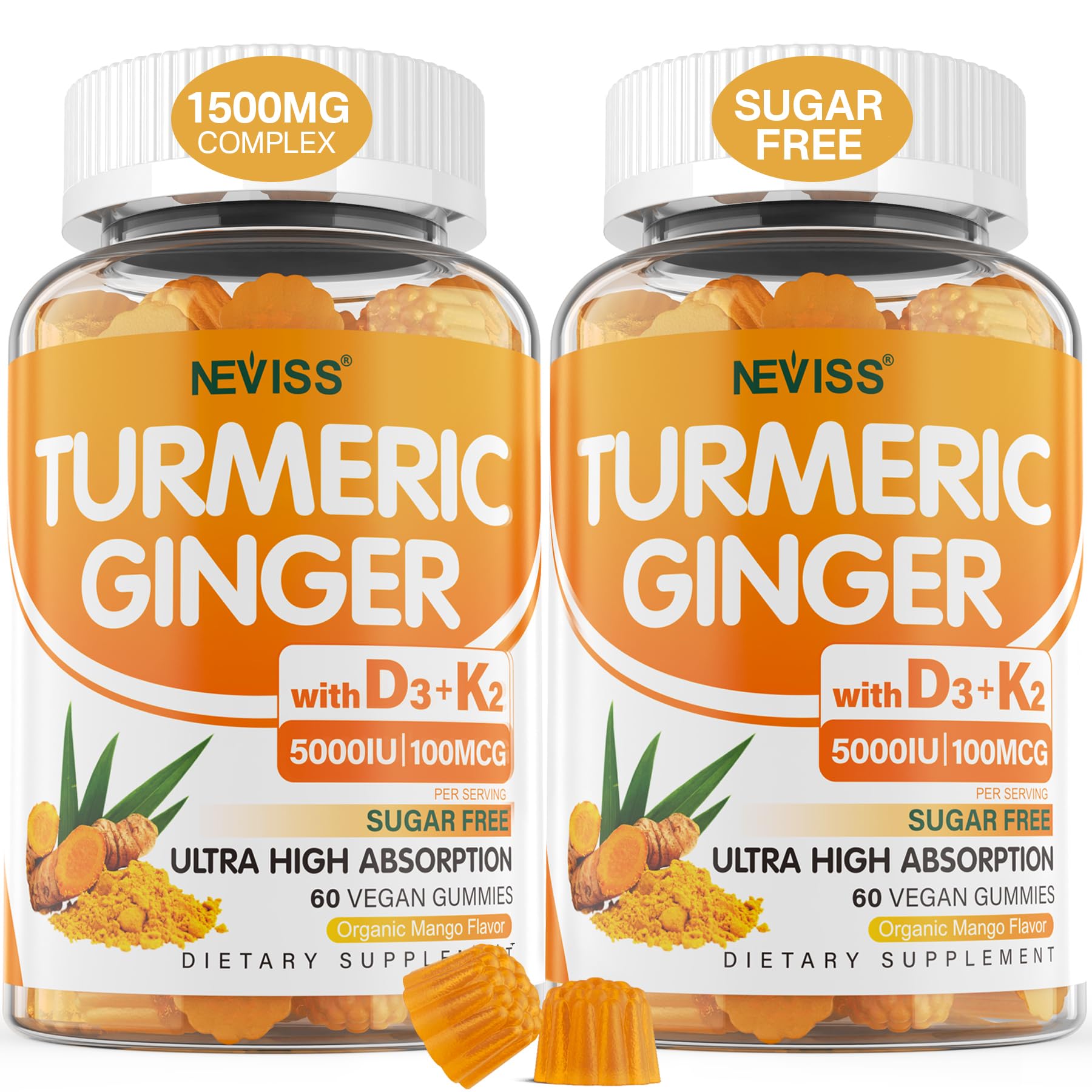 Neviss Turmeric Ginger Gummies bottle close-up for bone and immune support