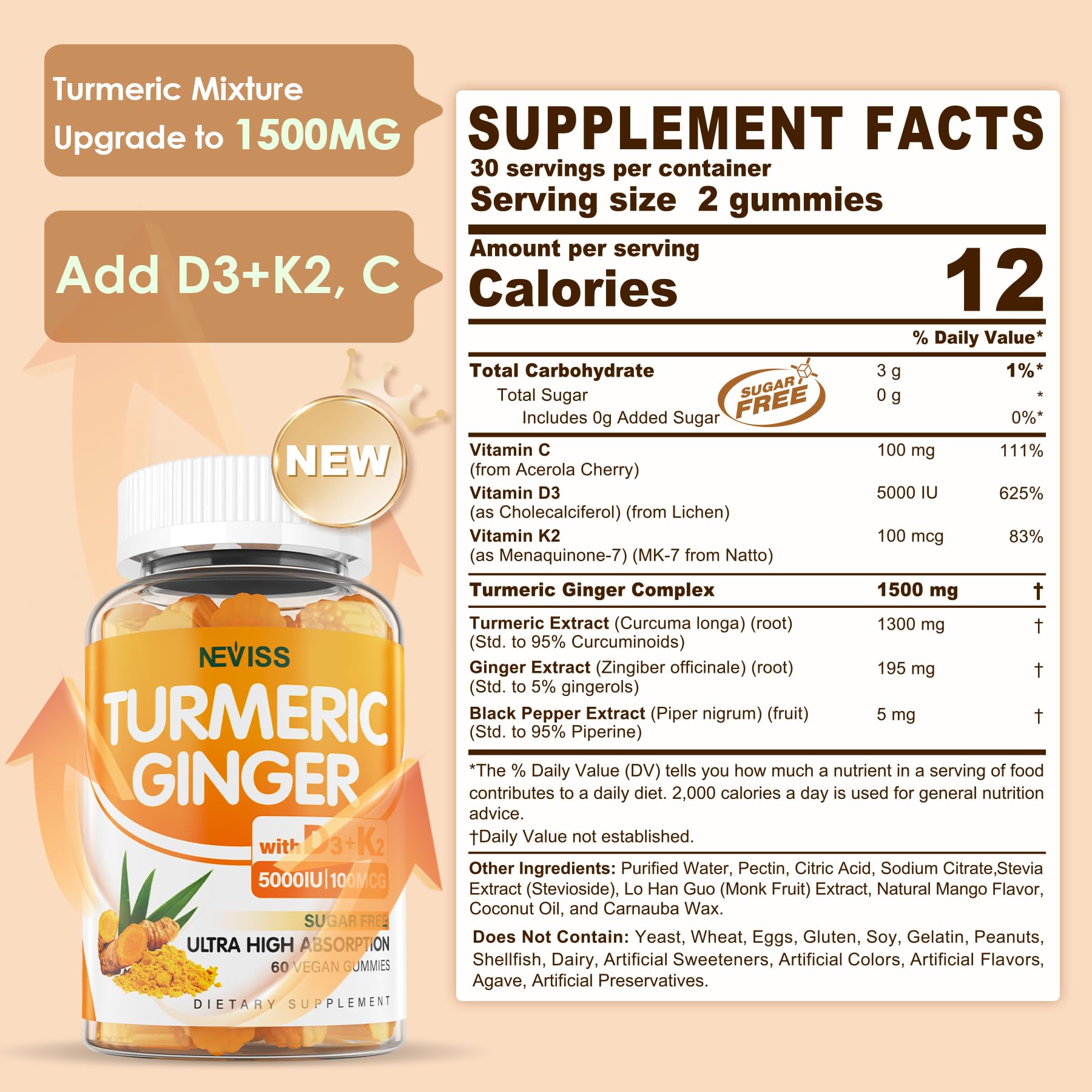 Neviss Turmeric Ginger Gummies label close-up, vegan sugar-free daily wellness