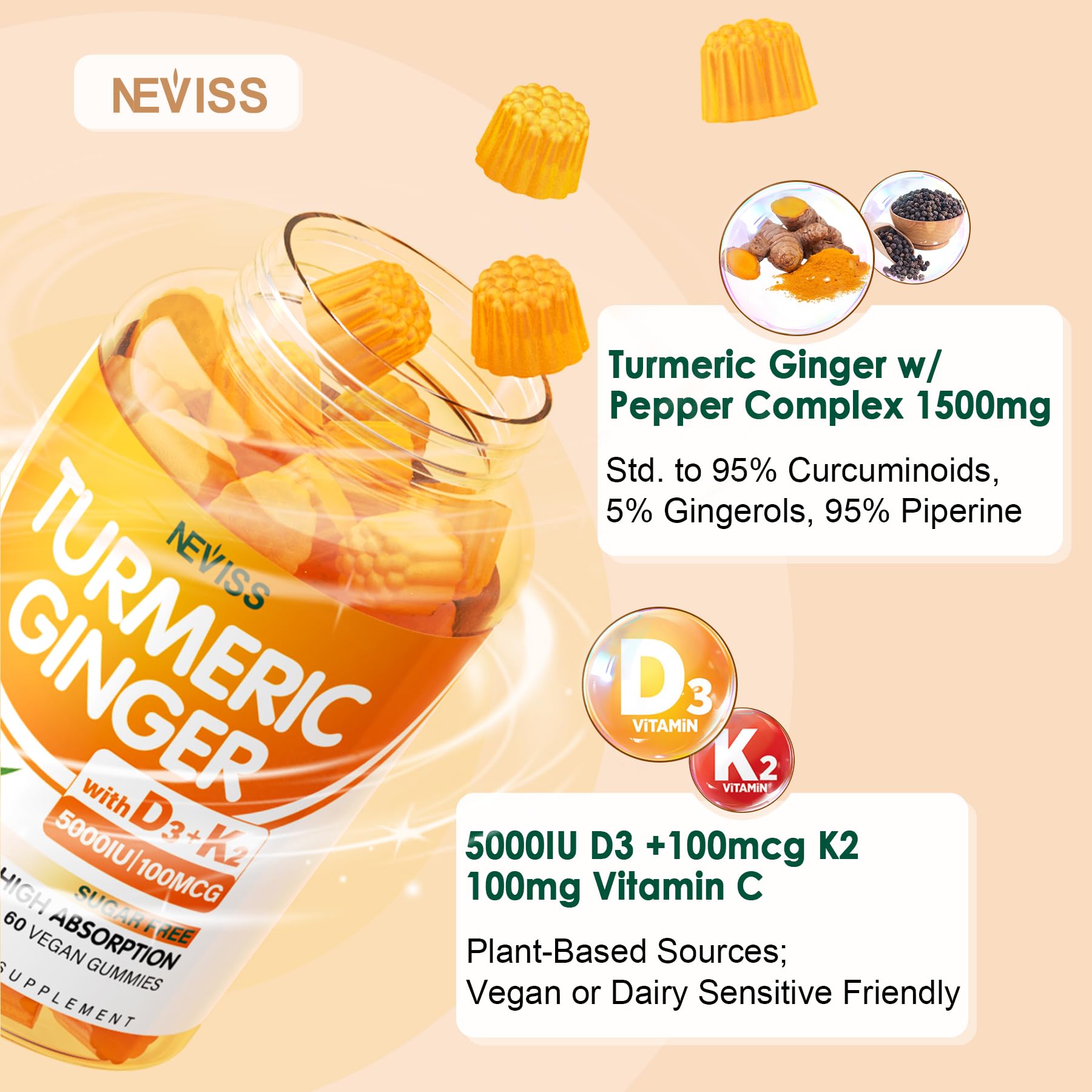 Neviss Turmeric Ginger Gummies texture close-up, tasty daily supplement