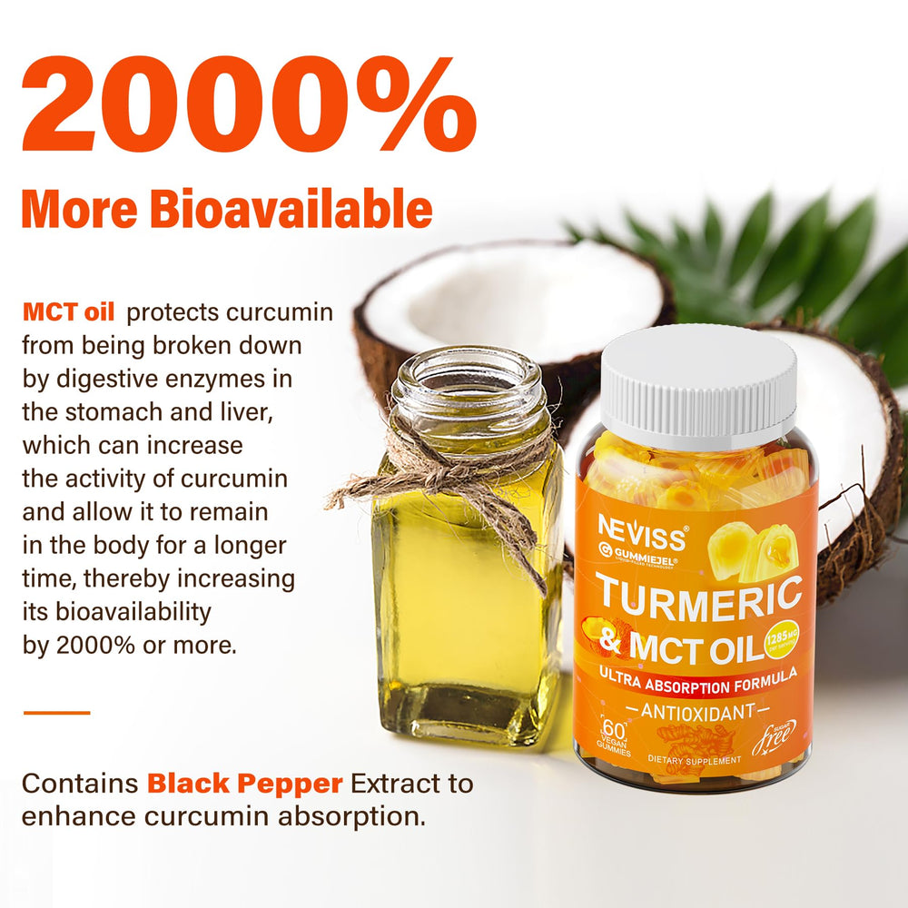 NEVISS Turmeric Gummies stacked neatly on a white surface.