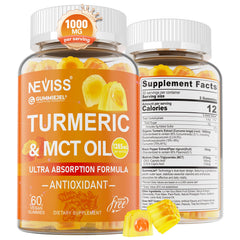 NEVISS Turmeric Gummies bottle front view, mango flavor, sugar-free formulation for daily antioxidant support.