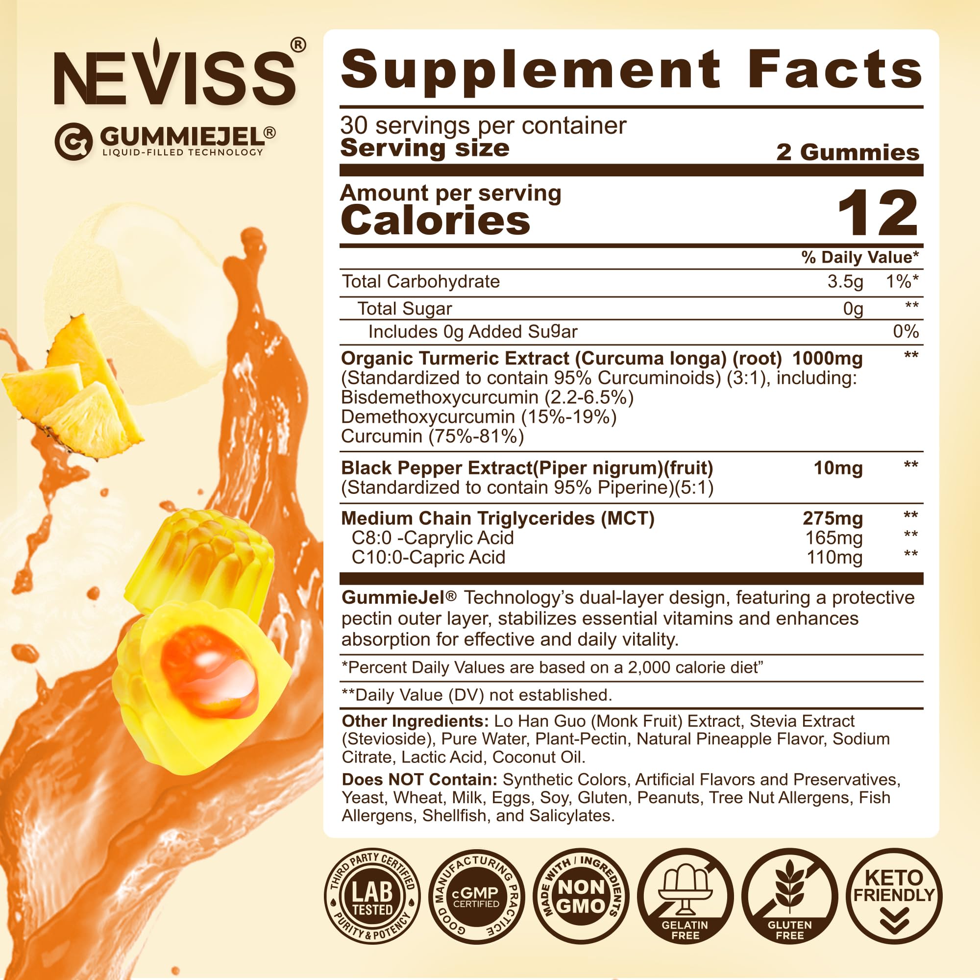 NEVISS Turmeric Gummies label close-up showing 95% curcuminoids and MCT oil.