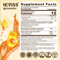 NEVISS Turmeric Gummies label close-up showing 95% curcuminoids and MCT oil.