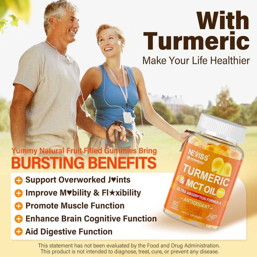 NEVISS Turmeric Gummies mango flavor close-up, convenient daily antioxidant support.