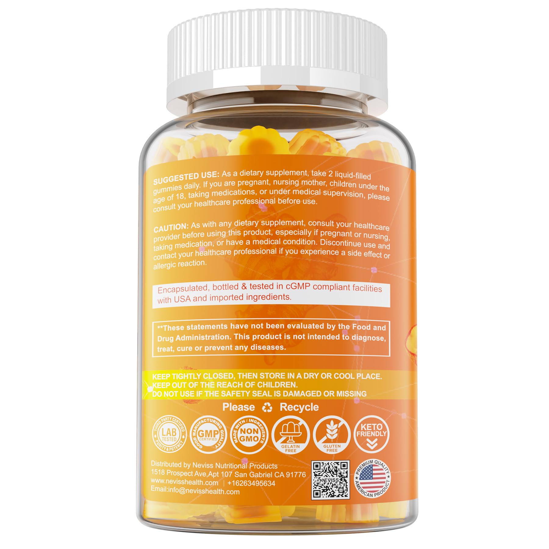 NEVISS Turmeric Gummies serving suggestion on a spoon with a glass of water.