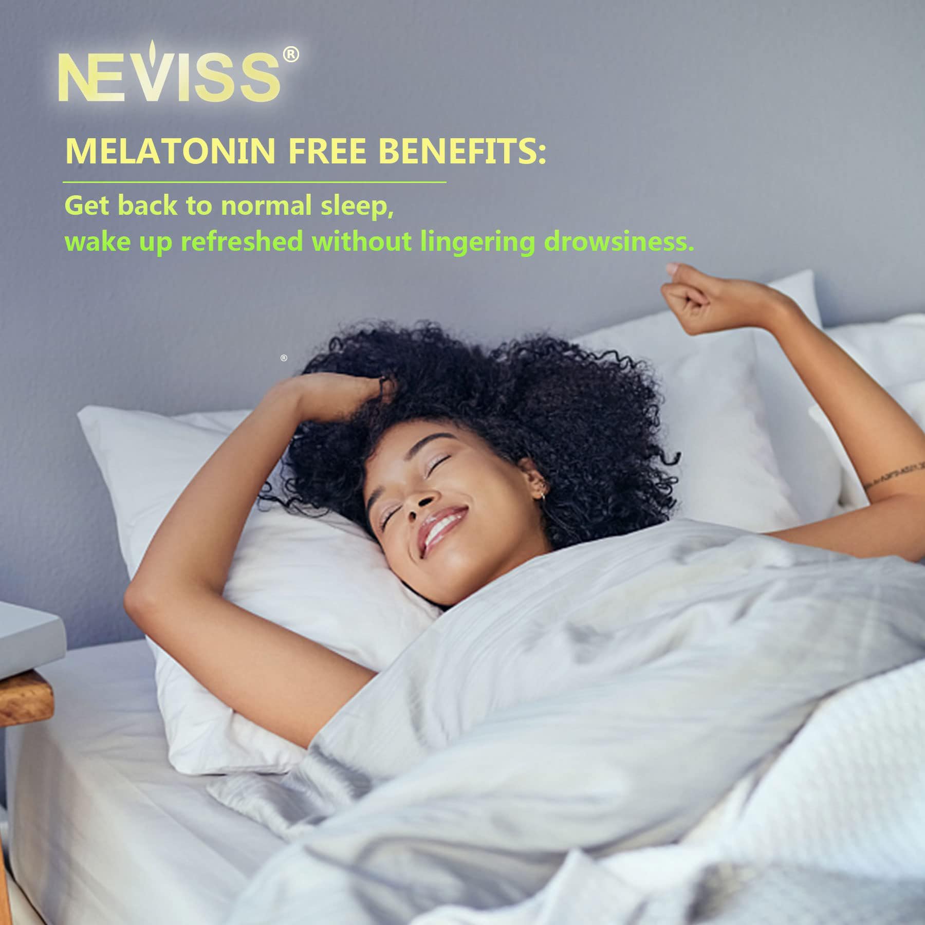 NEVISS lemon flavor gummies on nightstand ready to unwind before bed.