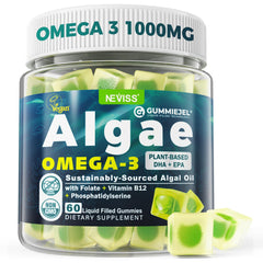 NEVISS Vegan Omega-3 Gummies bottle front highlighting sugar-free, plant-based omega-3 source