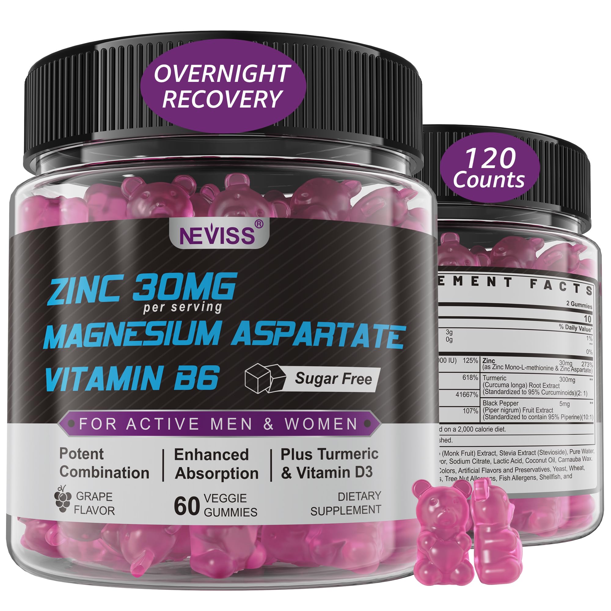 NEVISS zinc magnesium aspartate gummies bottle supports daily recovery