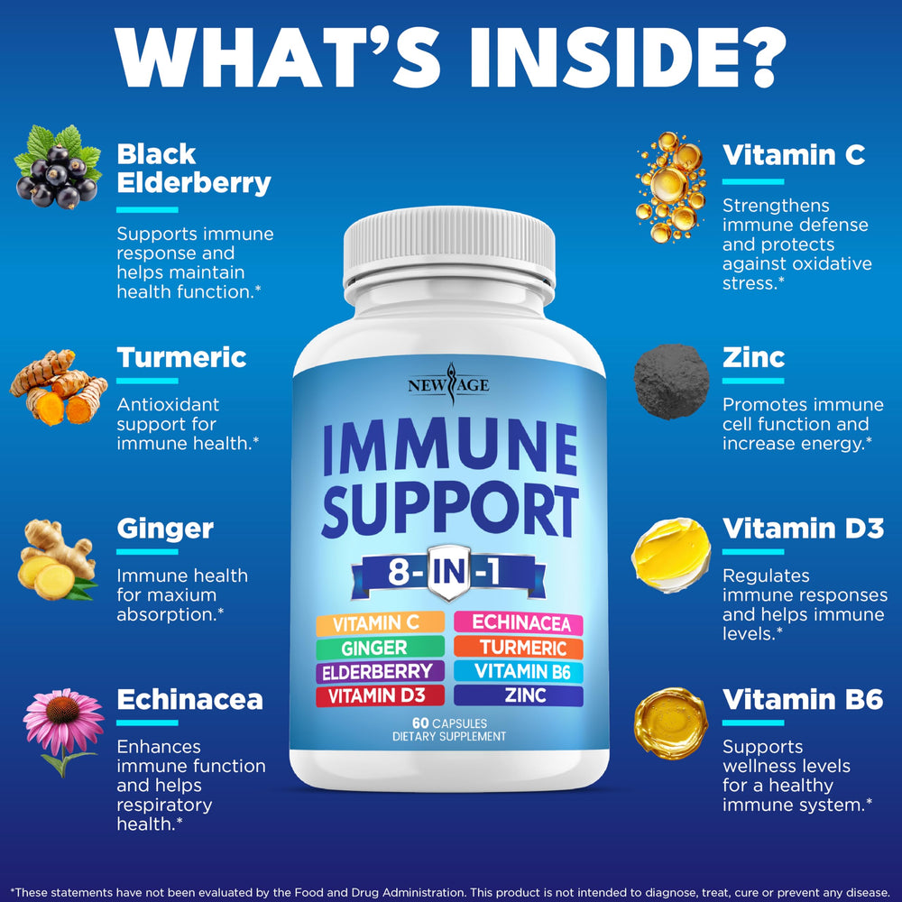 NEW AGE 8-in-1 Immune Support bottle back label highlights nutrient details.