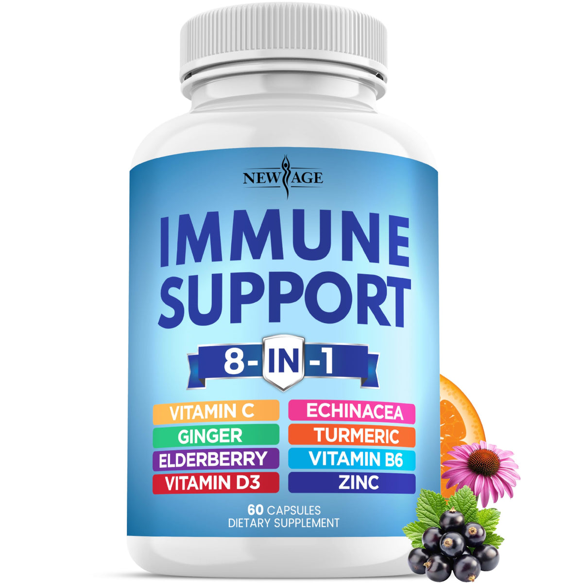 NEW AGE 8-in-1 Immune Support bottle front shows the complete daily formula.