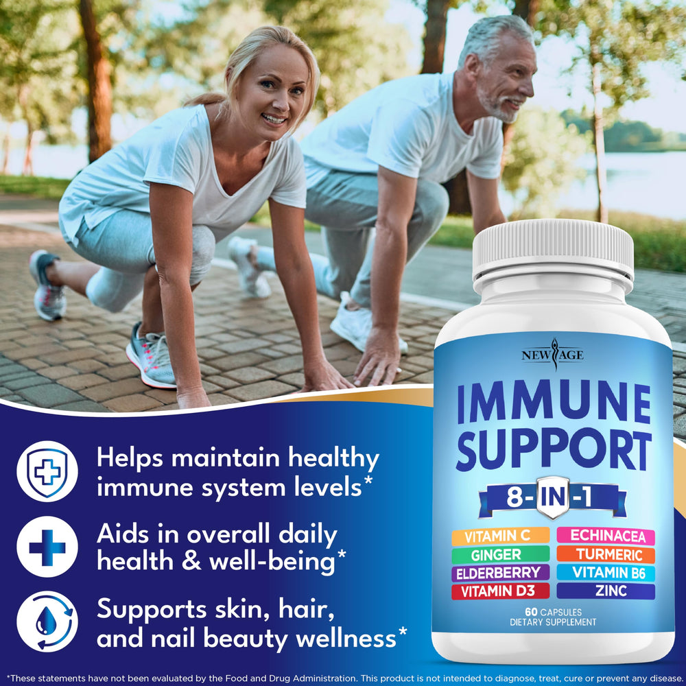 NEW AGE 8-in-1 Immune capsules close-up reveals smooth capsules with blended ingredients.