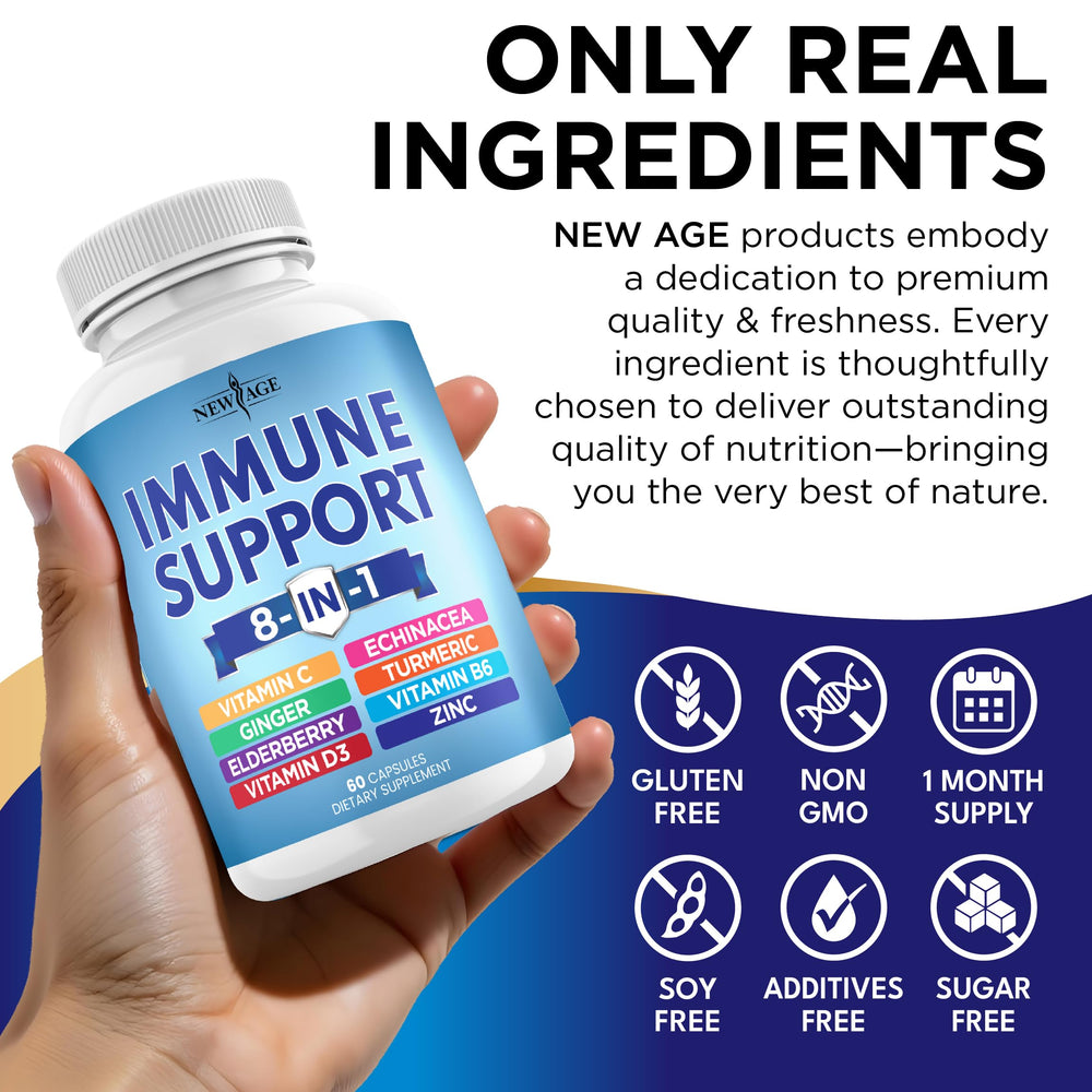 NEW AGE echinacea turmeric ginger section displays herbal integration in capsules.