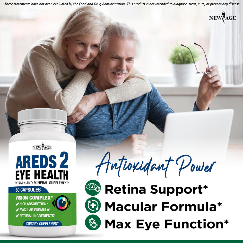 NEW AGE AREDS 2 capsule close-up with dosage details.