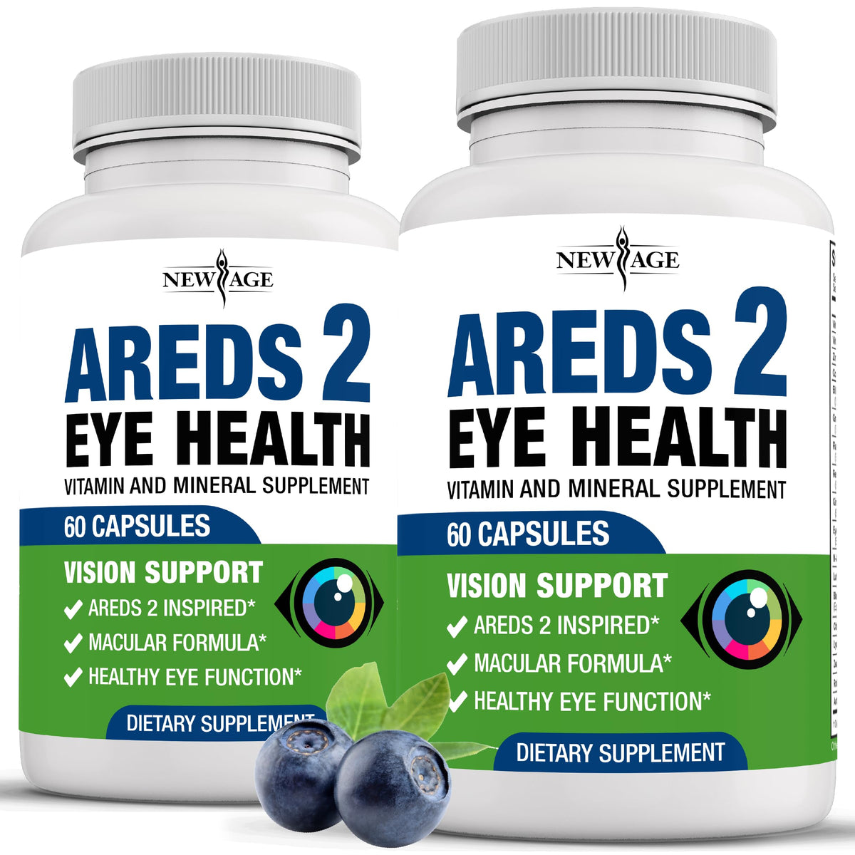 NEW AGE AREDS 2 bottle front for daily eye support.