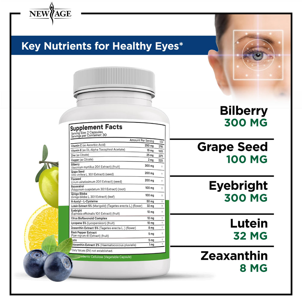 NEW AGE AREDS 2 label close-up highlights lutein and zeaxanthin.