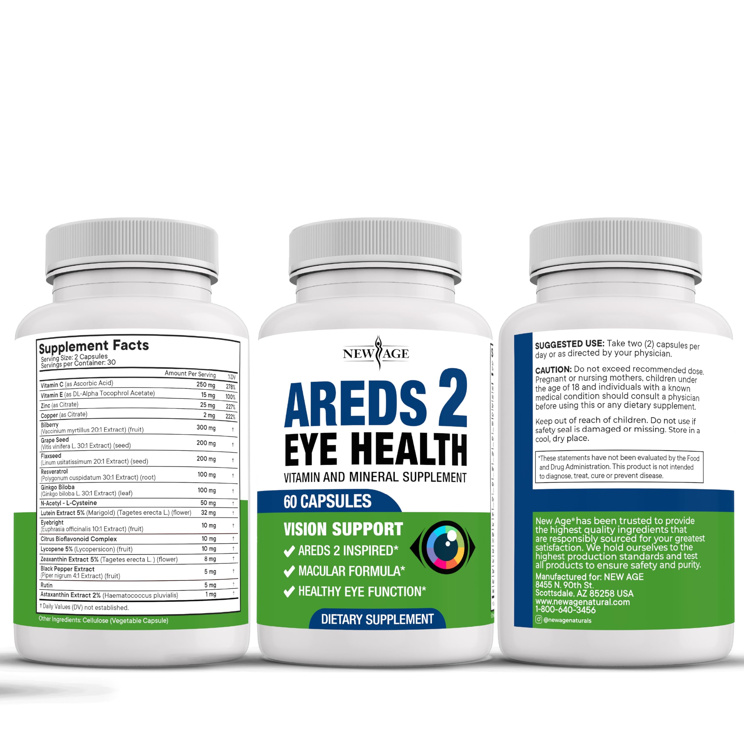 NEW AGE AREDS 2 bottle and tablets on desk ready for routine.
