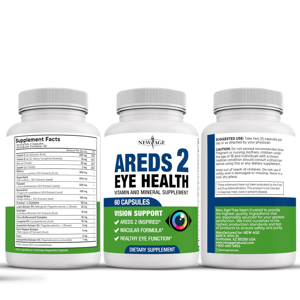 NEW AGE AREDS 2 bottle and tablets on desk ready for routine.