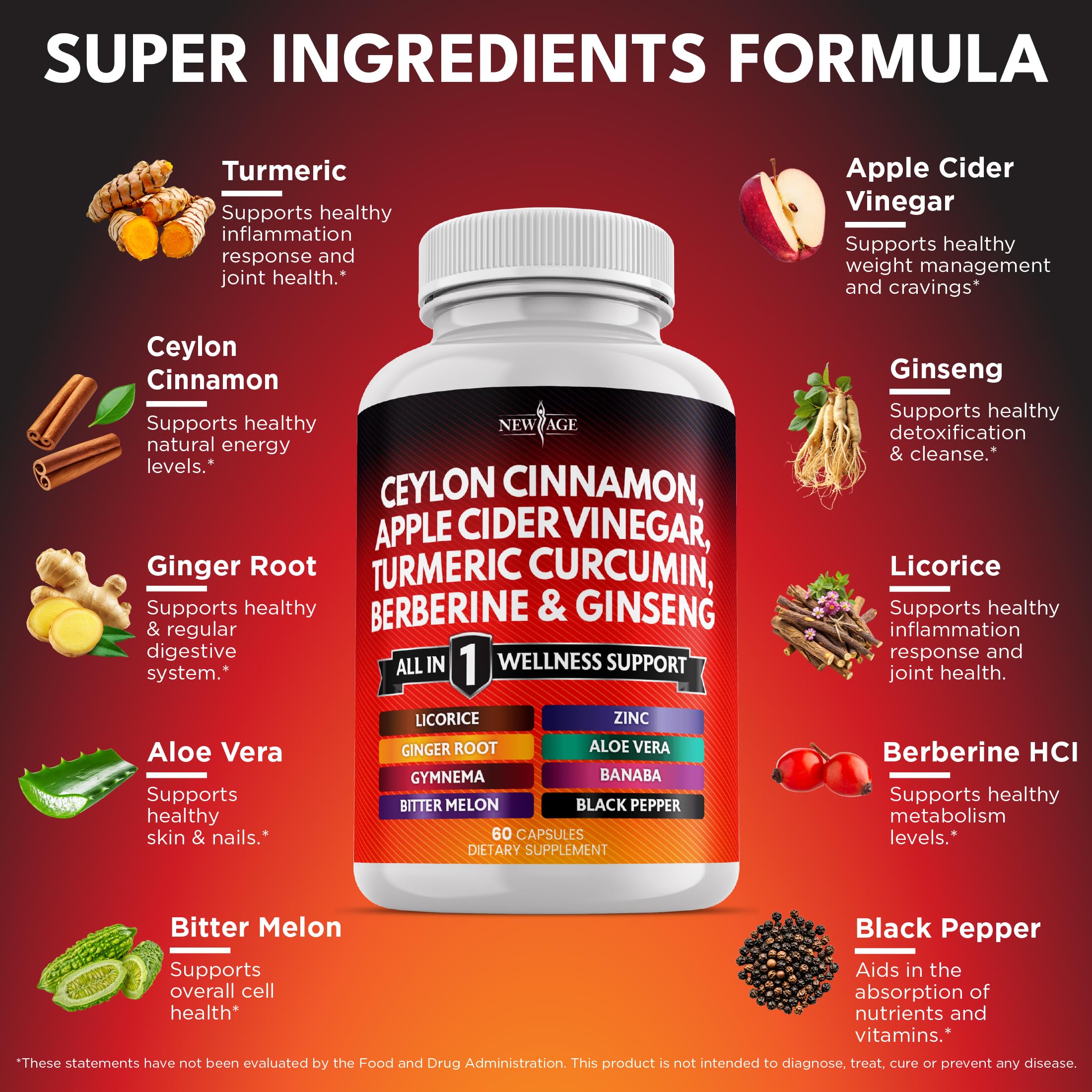 NEW AGE berberine cinnamon acv capsules closeup suggests a multi-ingredient daily support option