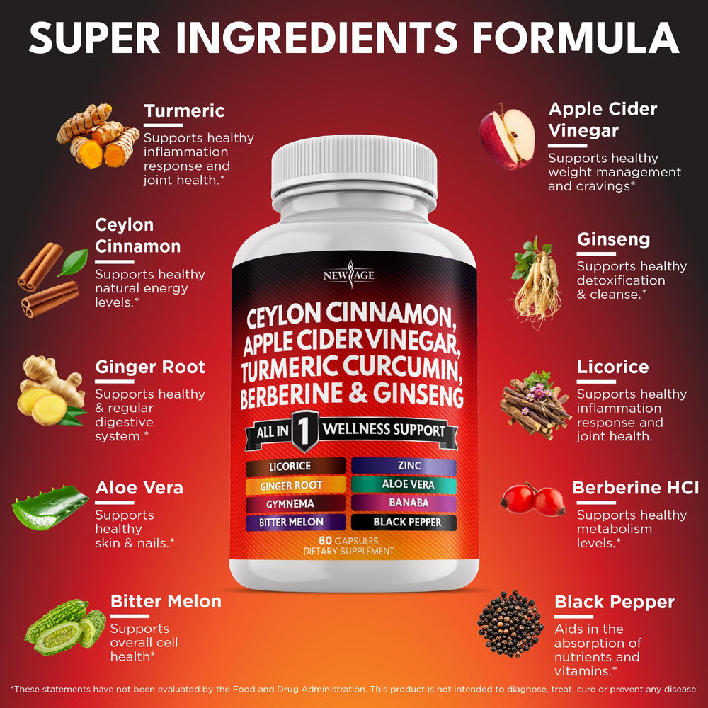 NEW AGE berberine cinnamon acv capsules closeup suggests a multi-ingredient daily support option