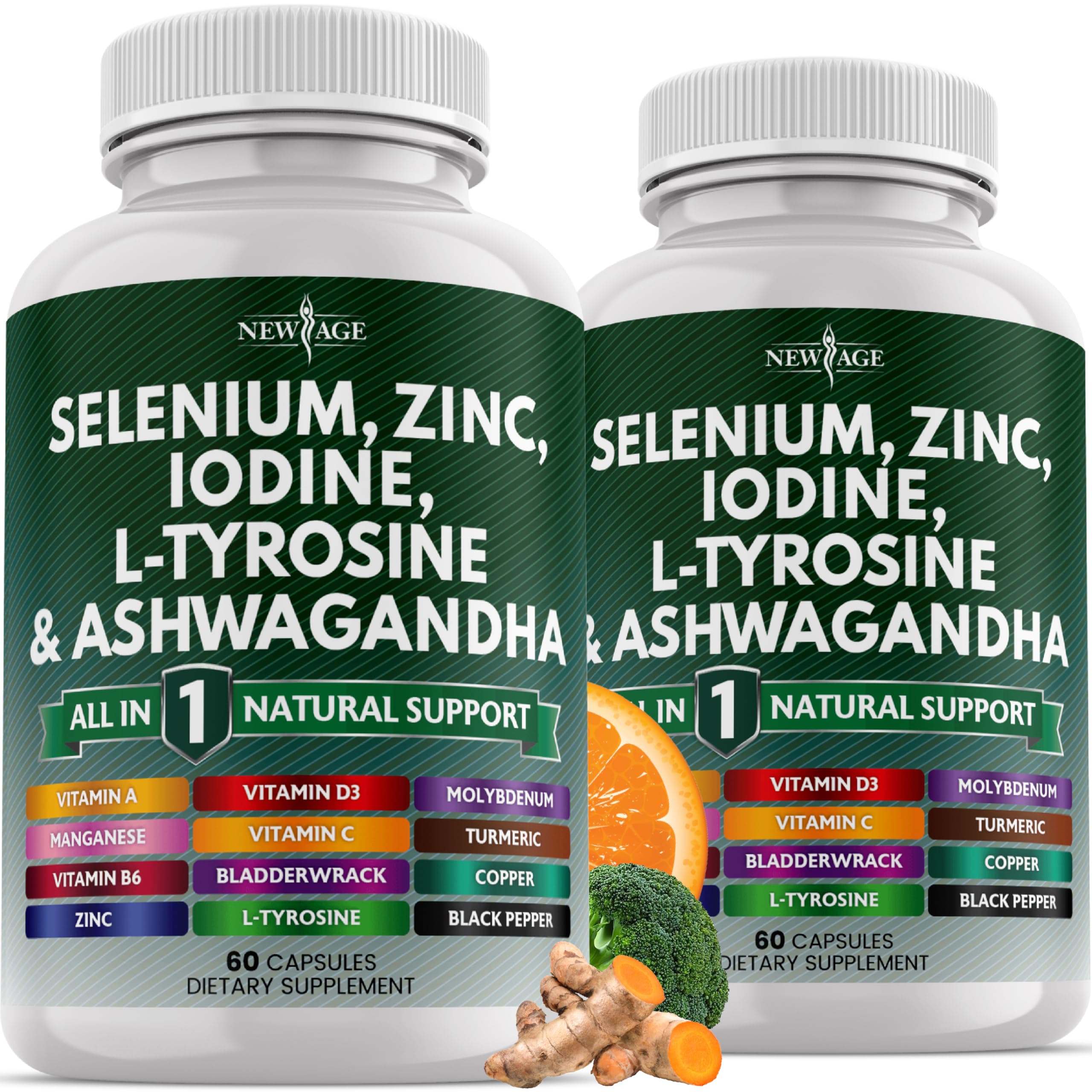 NEW AGE bottle front with selenium-zinc-iodine-ashwagandha capsules for daily wellness