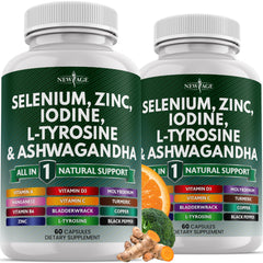 NEW AGE bottle front with selenium-zinc-iodine-ashwagandha capsules for daily wellness