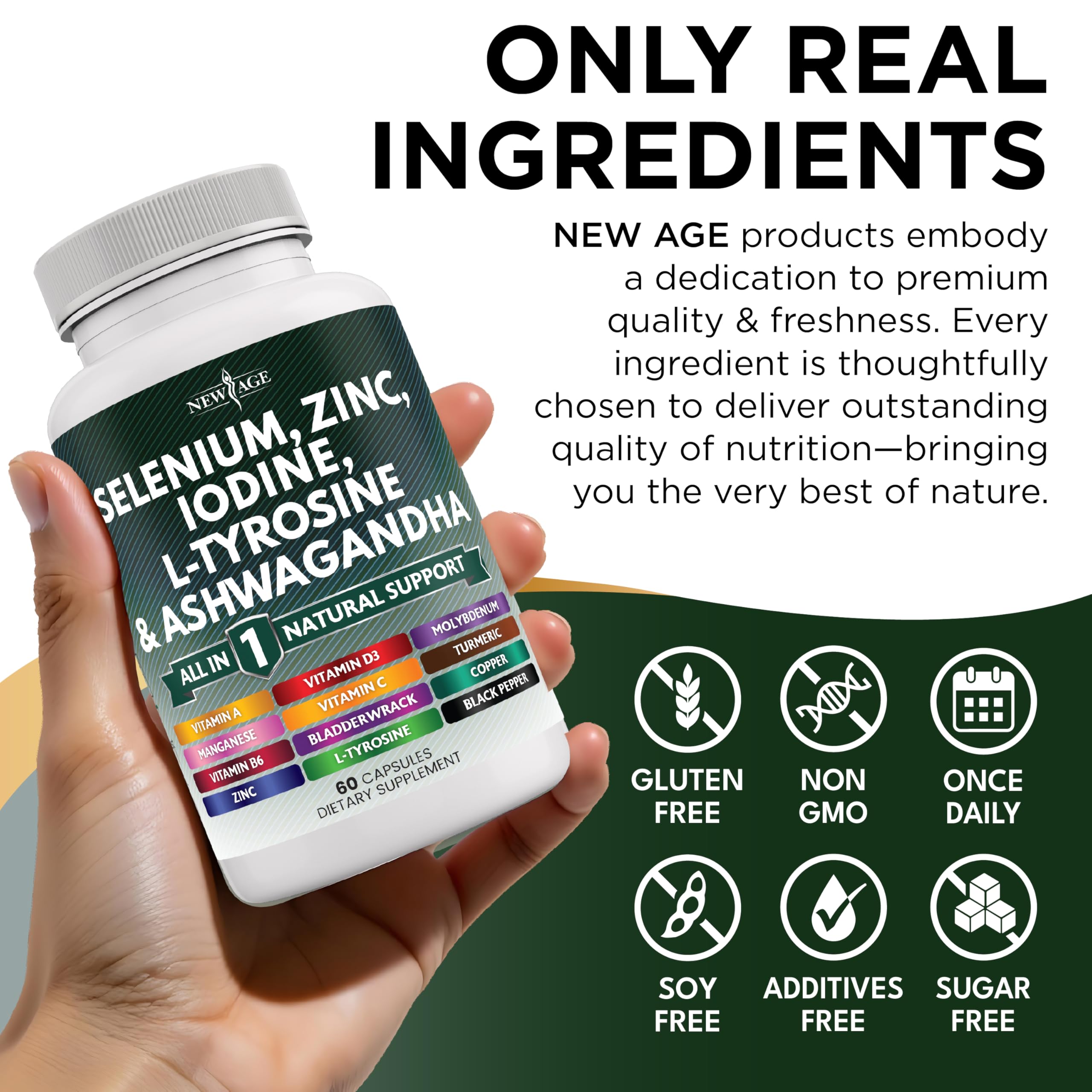 NEW AGE bottle side view with turmeric hint for a natural blend