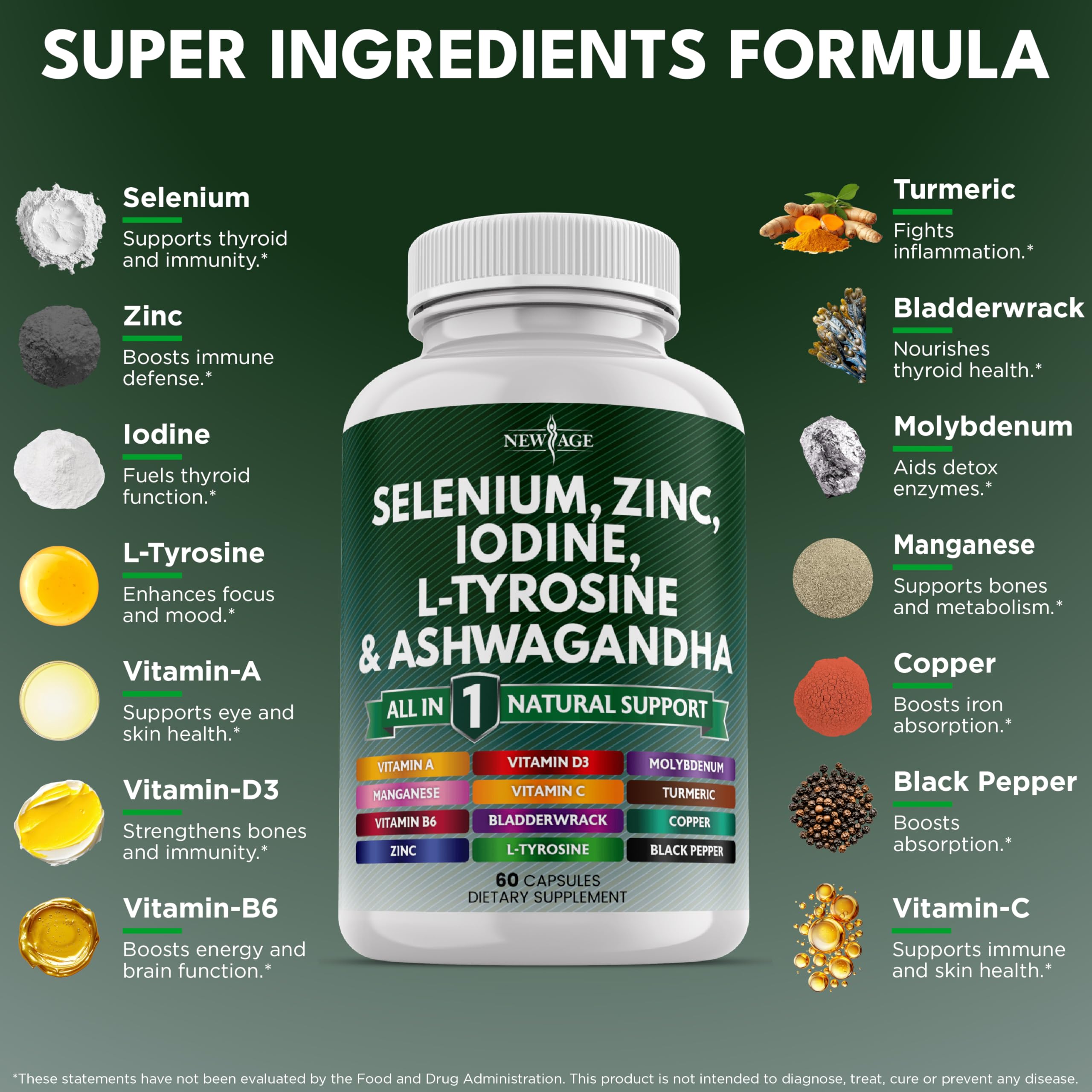 NEW AGE capsules closeup highlighting the selenium blend for everyday use