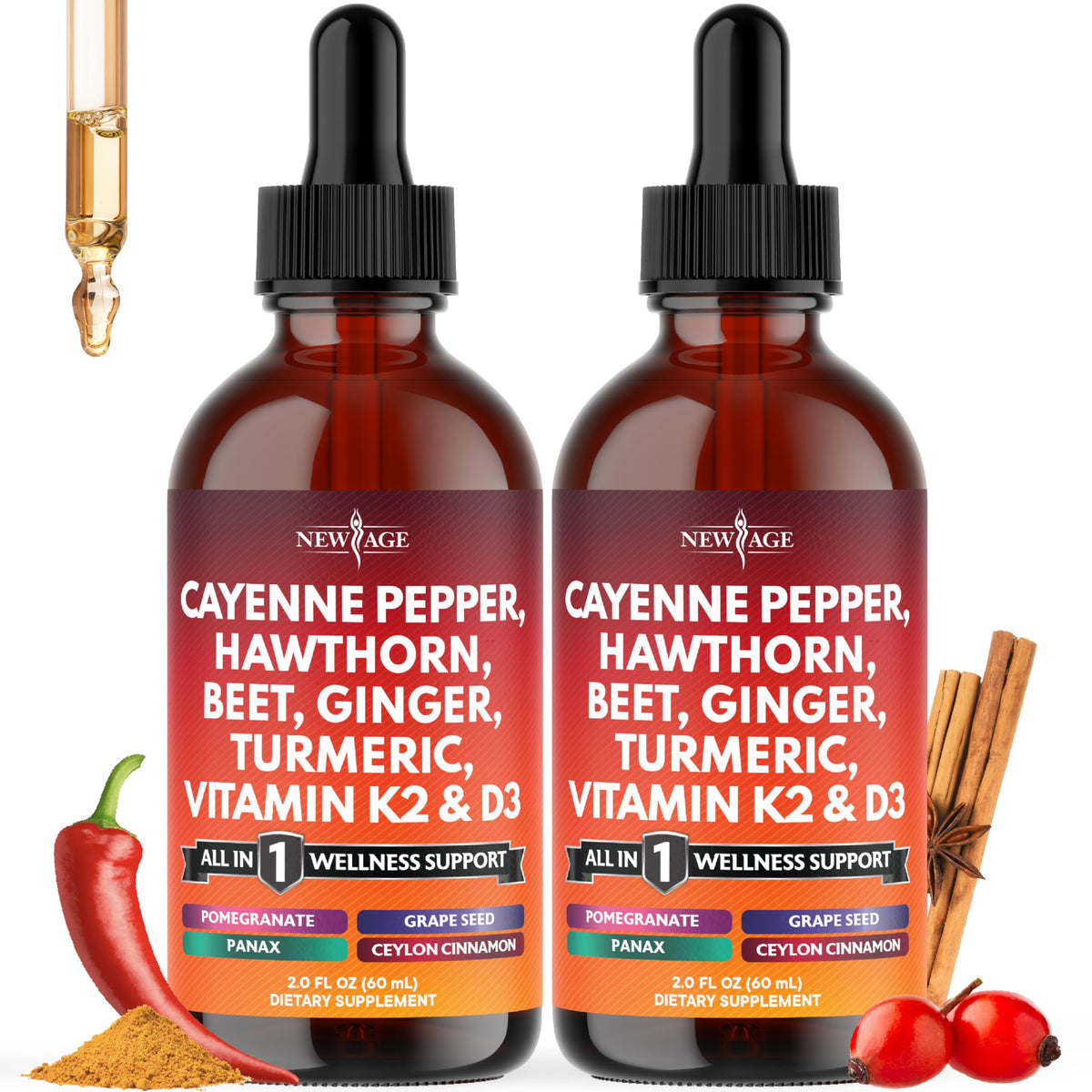 NEW AGE Cayenne Pepper liquid drops bottle with dropper for daily wellness.