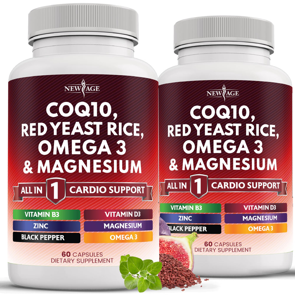 New Age CoQ10 bottle front view highlighting an all-in-one formula for daily wellness