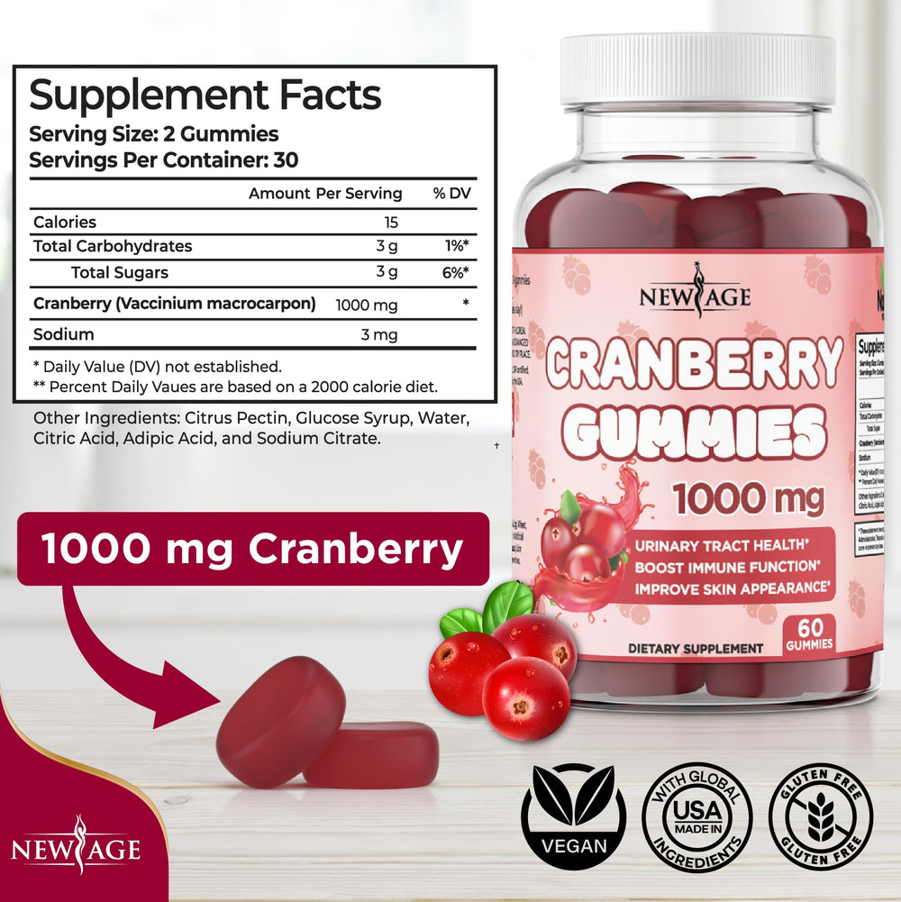 New Age Cranberry Gummies bottle side label highlights vegetarian formula