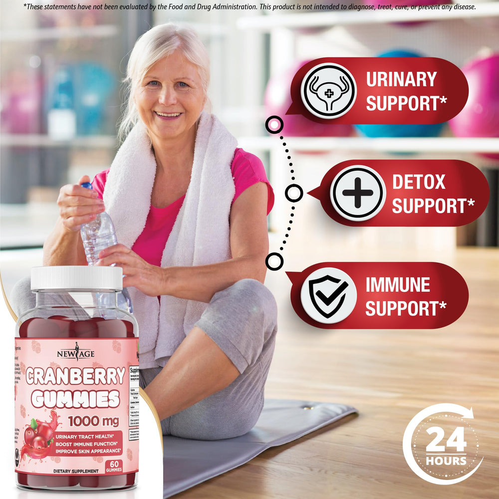 New Age Cranberry Gummies jar close-up emphasizes natural cranberry extract