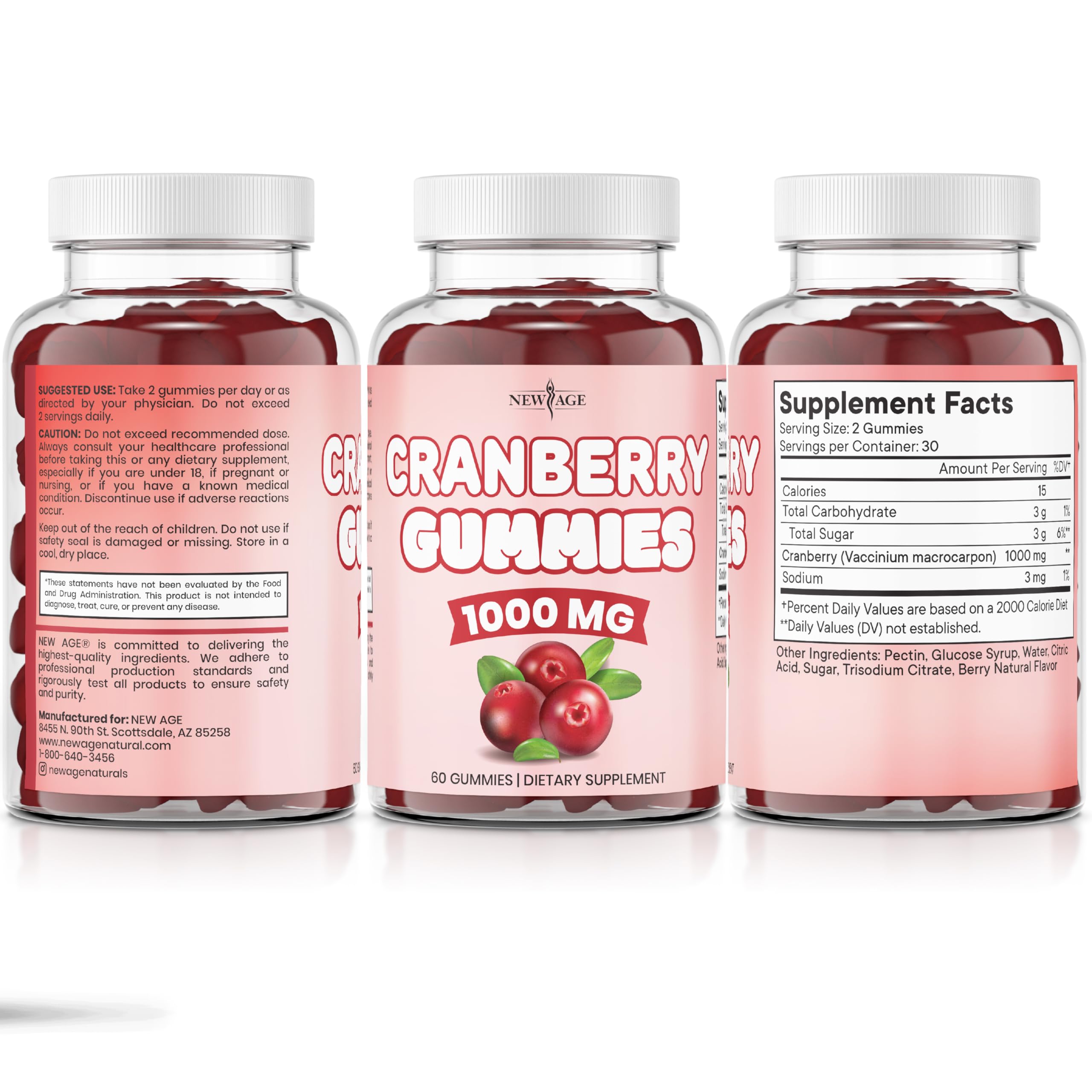 New Age Cranberry Gummies packaging display shows bottle and 120 count
