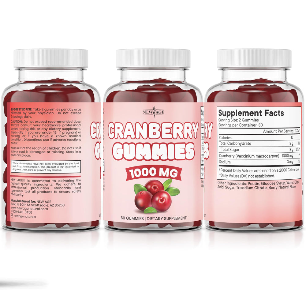 New Age Cranberry Gummies packaging display shows bottle and 120 count