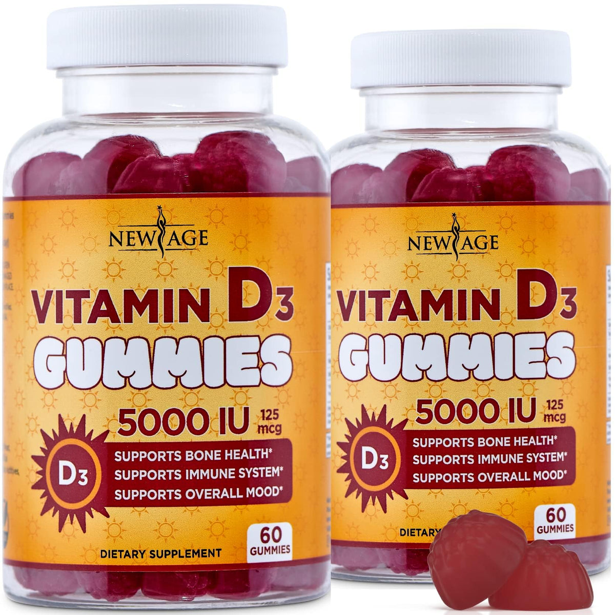 NEW AGE Vitamin D3 gummies bottle shown for daily immune support.