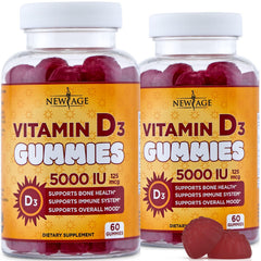 NEW AGE Vitamin D3 gummies bottle shown for daily immune support.