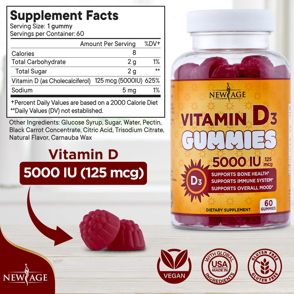 Close-up of NEW AGE gummies highlighting fruity flavor and chewy texture.