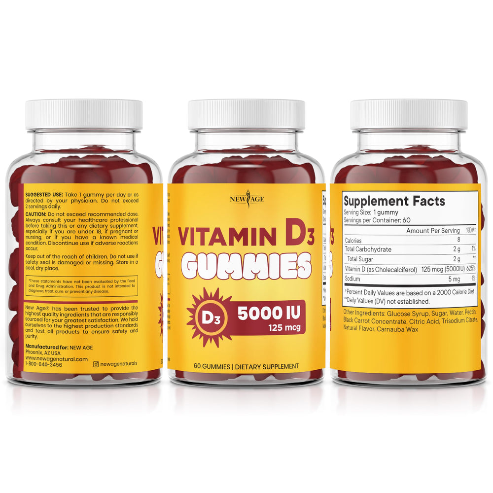 NEW AGE gummies pictured in a daily routine on a kitchen counter.