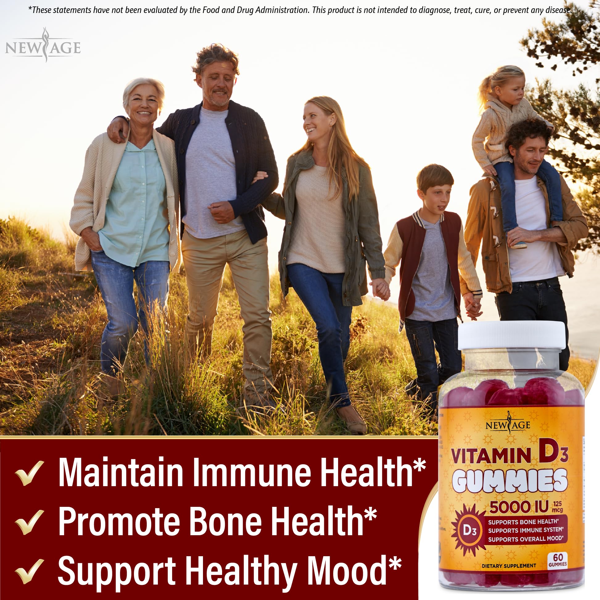 NEW AGE label front highlights Non-GMO, gluten-free, dairy-free, no gelatin.