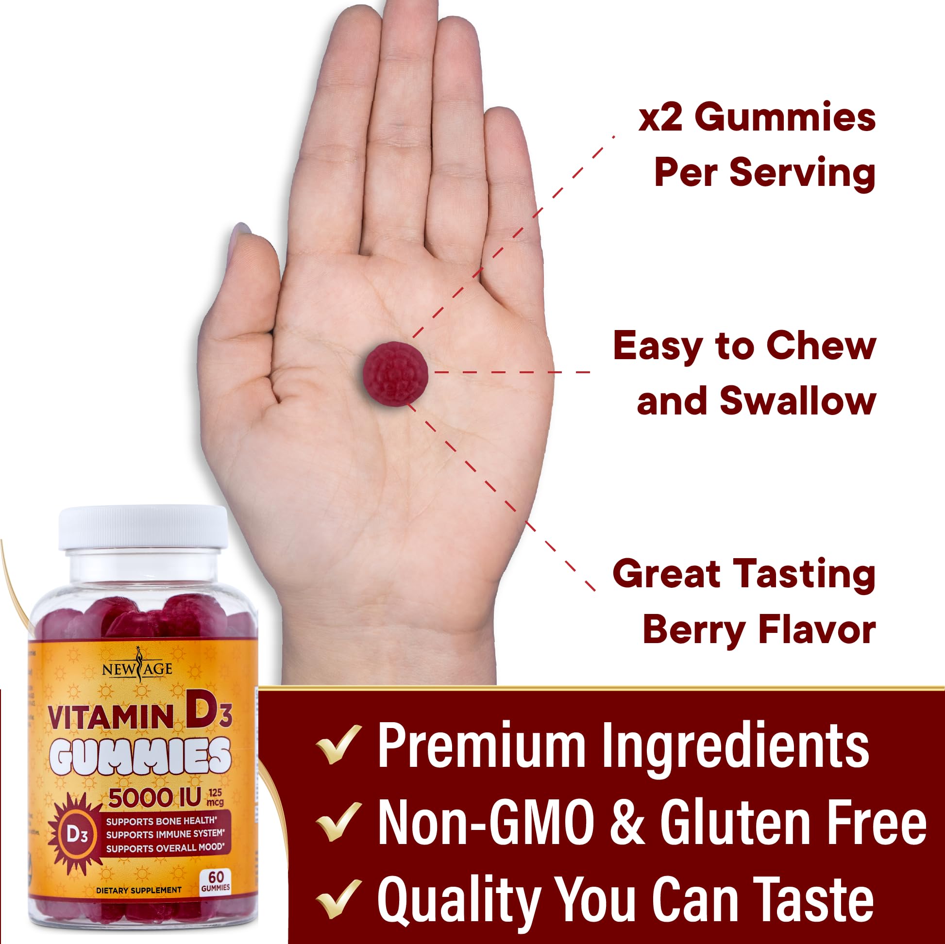 NEW AGE gummies poured into hand showing serving size.
