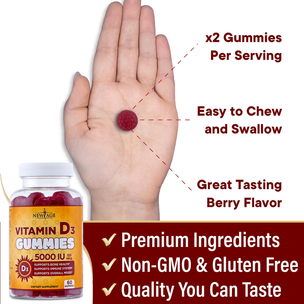 NEW AGE gummies poured into hand showing serving size.